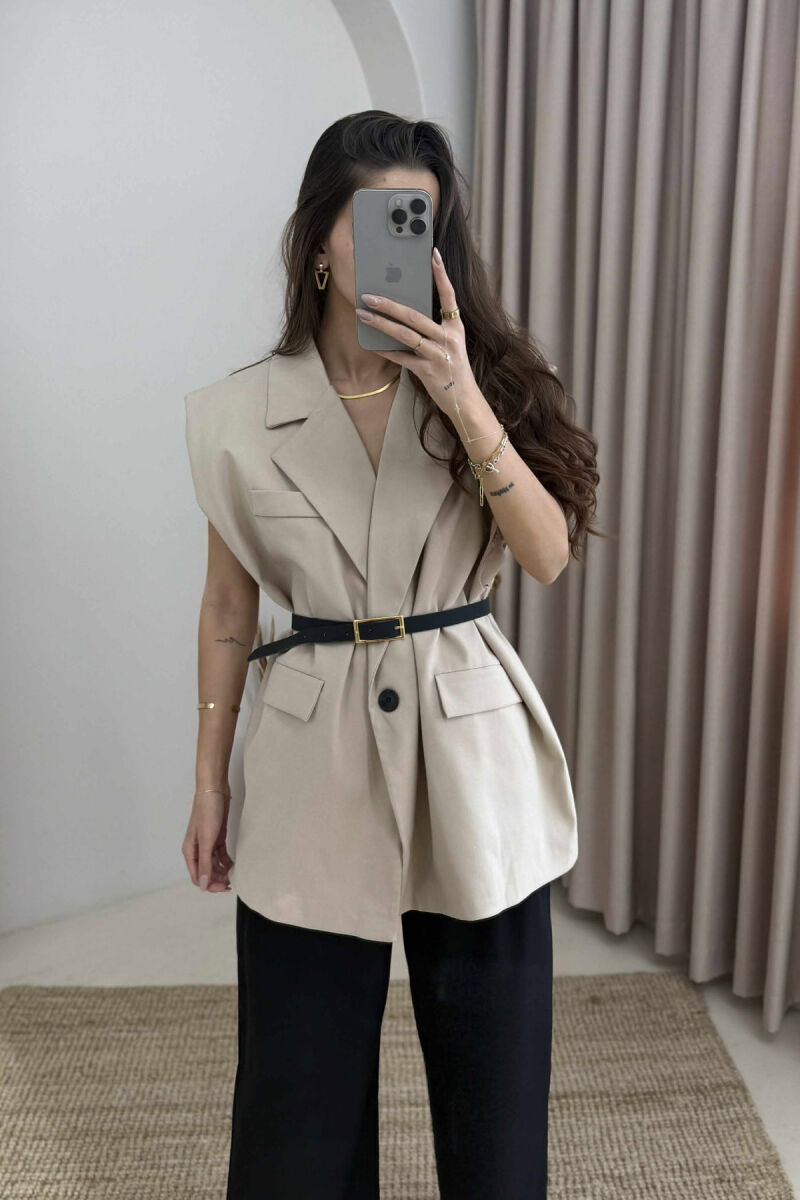 ONE COLOR SLEEVELESS WOMEN JACKET BEIGE/BEZHE - 4