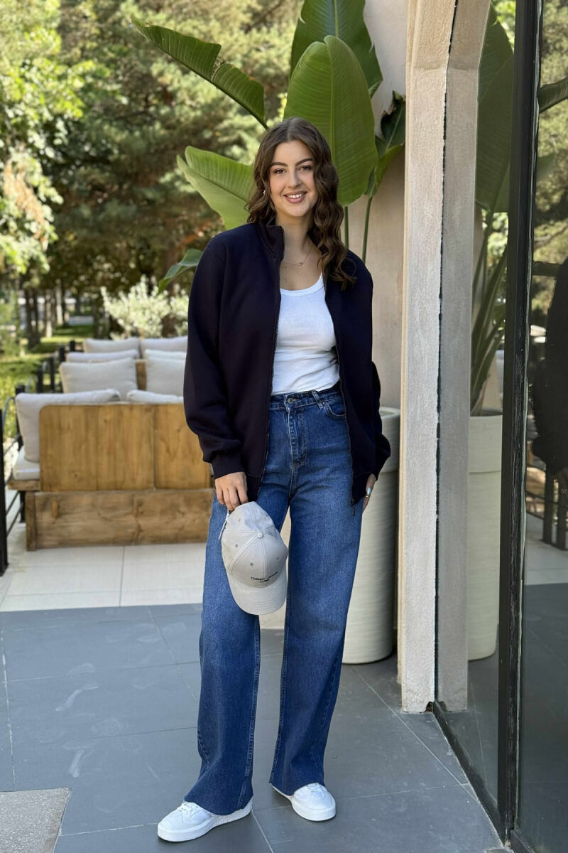 ONE COLOR SMALL LOGO FLUFFY WOMEN JACKET DARK BLUE/BEE - 1