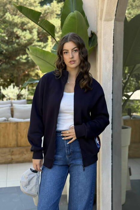 ONE COLOR SMALL LOGO FLUFFY WOMEN JACKET DARK BLUE/BEE - 2