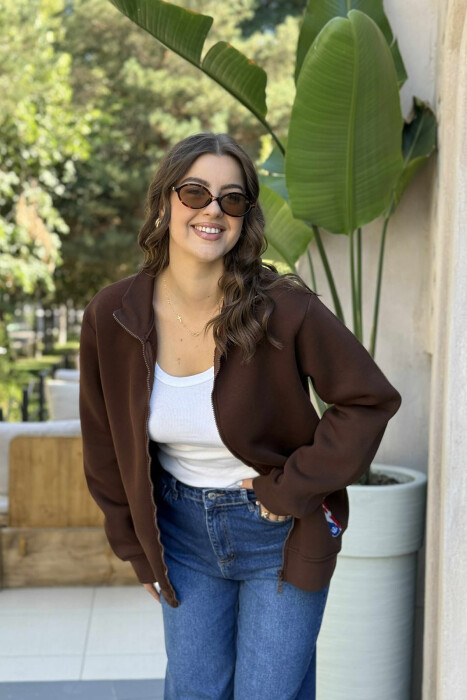 ONE COLOR SMALL LOGO FLUFFY WOMEN JACKET DARK BROWN/KAE - 3