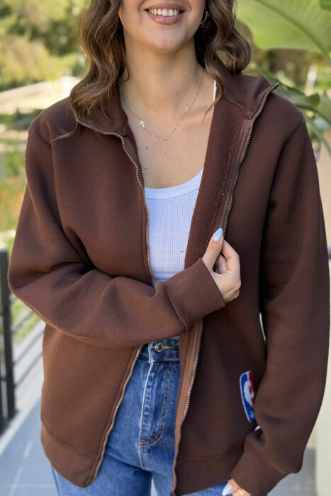 ONE COLOR SMALL LOGO FLUFFY WOMEN JACKET DARK BROWN/KAE - 5