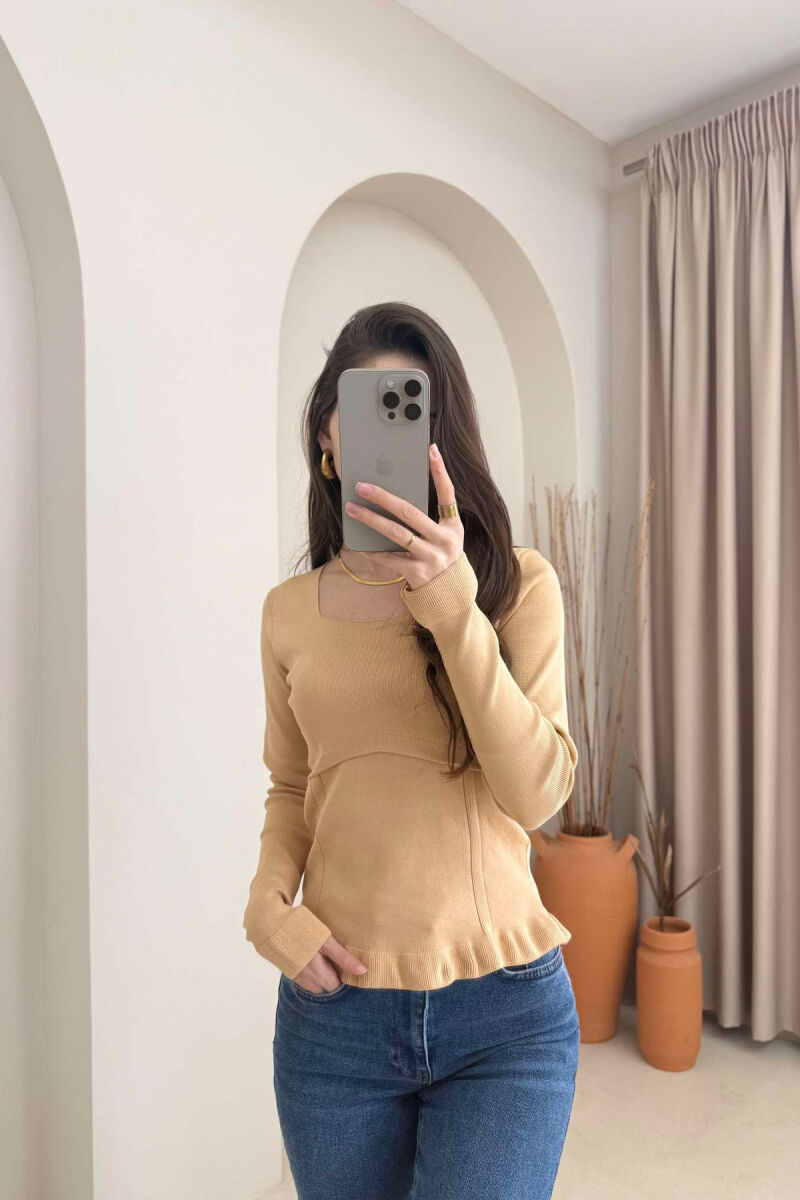 ONE COLOR SQUARE NECK WOMEN SWEATER BEIGE/BEZHE - 1