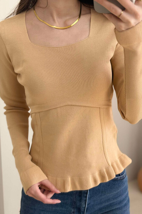 ONE COLOR SQUARE NECK WOMEN SWEATER BEIGE/BEZHE - 3
