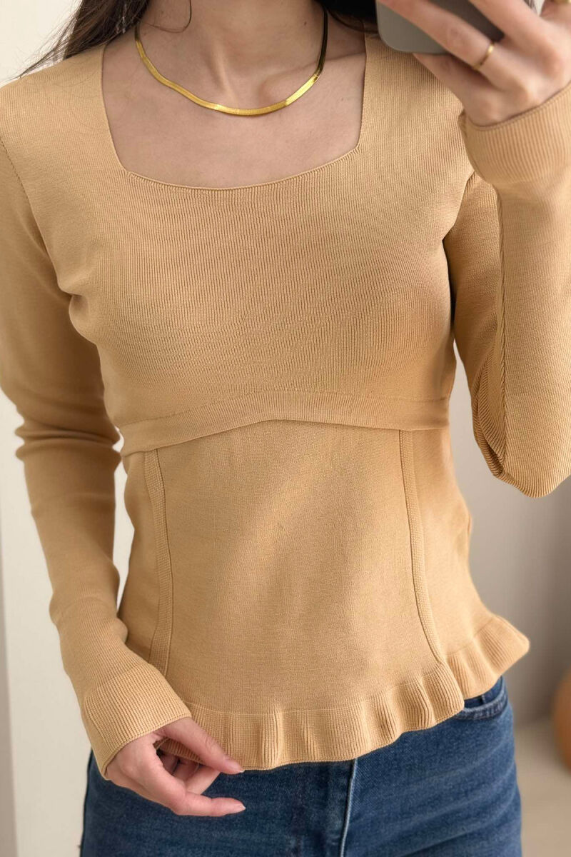 ONE COLOR SQUARE NECK WOMEN SWEATER BEIGE/BEZHE - 3