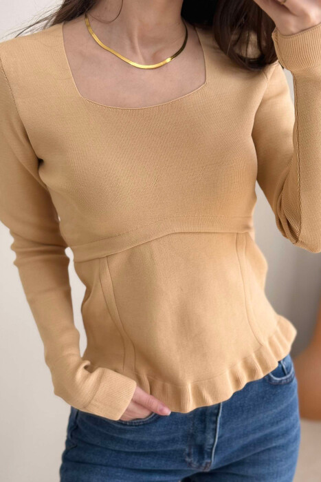 ONE COLOR SQUARE NECK WOMEN SWEATER BEIGE/BEZHE - 4