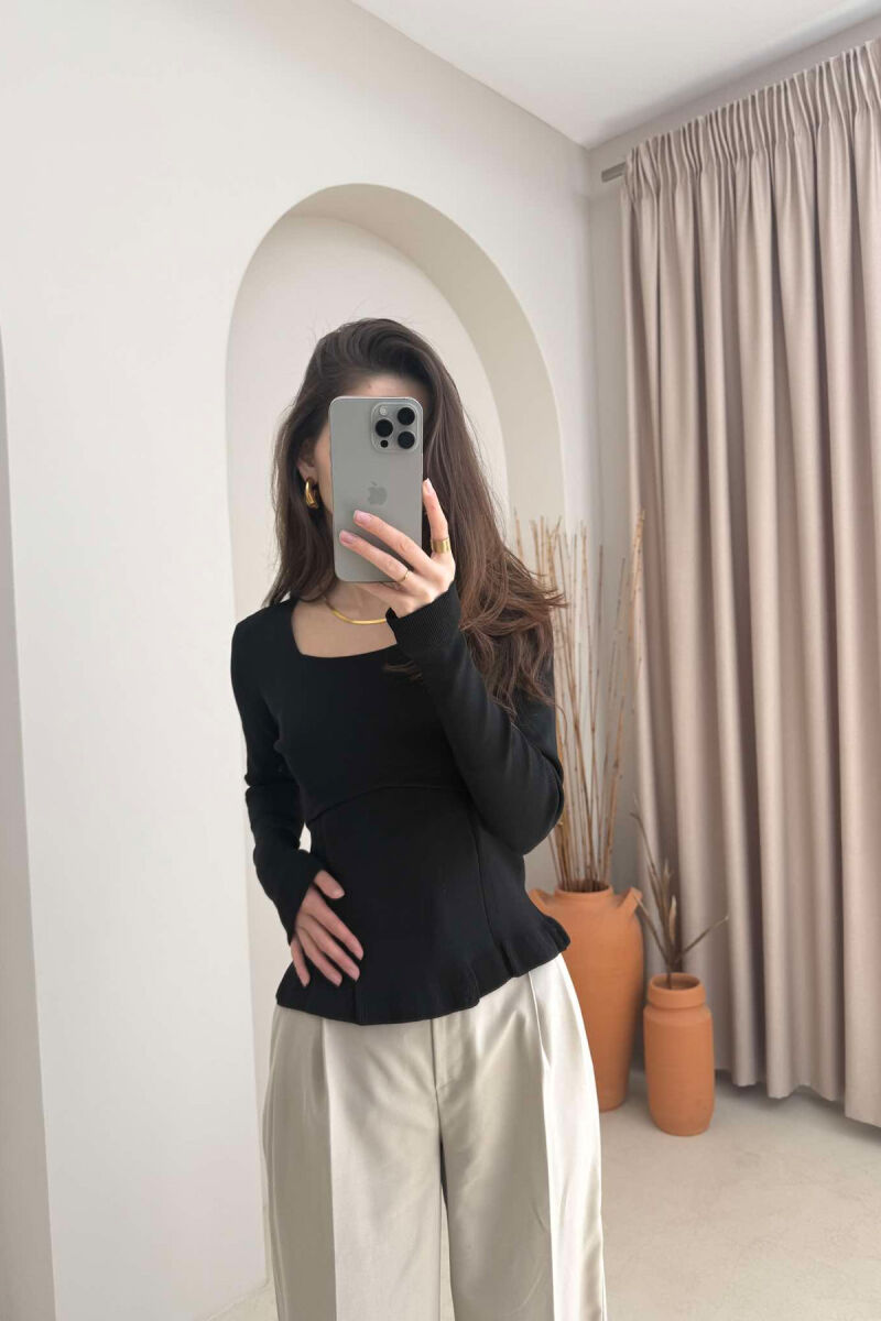 ONE COLOR SQUARE NECK WOMEN SWEATER BLACK/ E ZEZE - 3