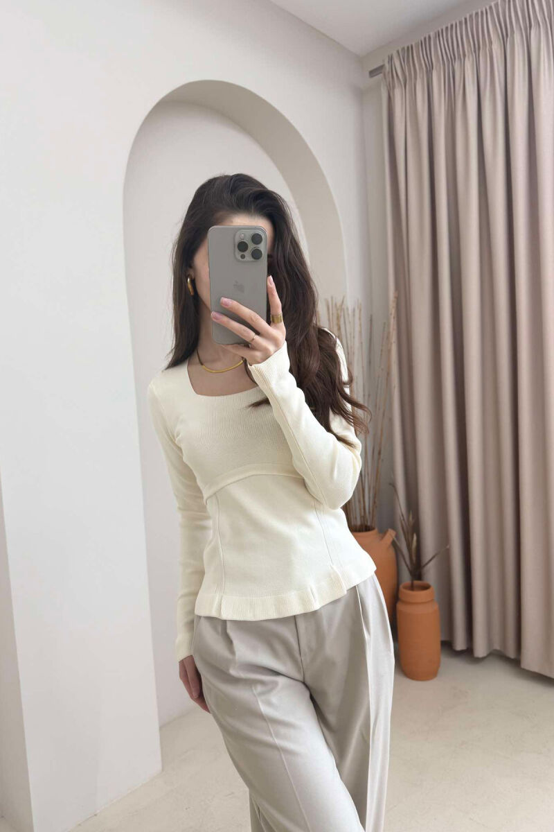 ONE COLOR SQUARE NECK WOMEN SWEATER CREAM/KREM - 2