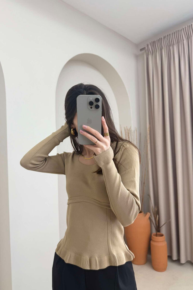 ONE COLOR SQUARE NECK WOMEN SWEATER DARK BEIGE/BEZHE ERRET - 2