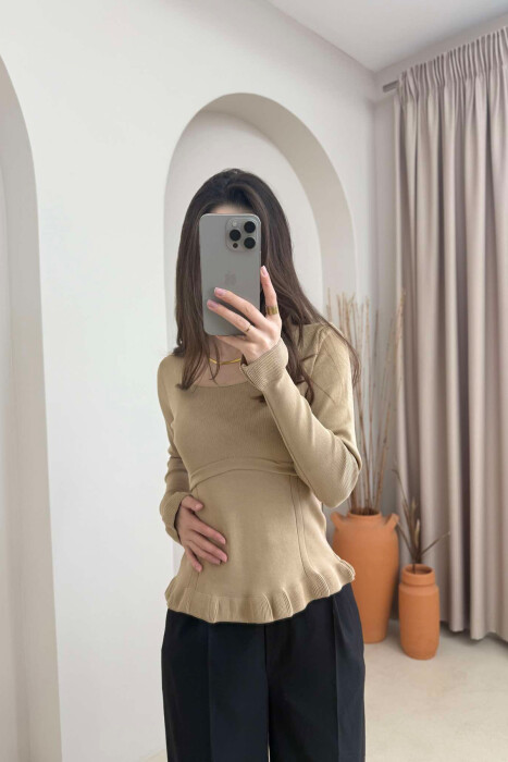 ONE COLOR SQUARE NECK WOMEN SWEATER DARK BEIGE/BEZHE ERRET - 3