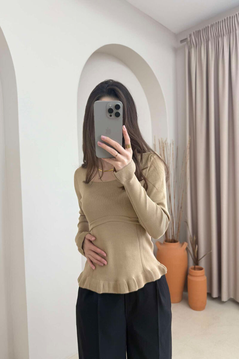 ONE COLOR SQUARE NECK WOMEN SWEATER DARK BEIGE/BEZHE ERRET - 3