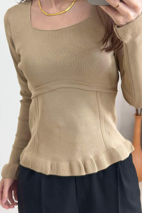 ONE COLOR SQUARE NECK WOMEN SWEATER DARK BEIGE/BEZHE ERRET - 4