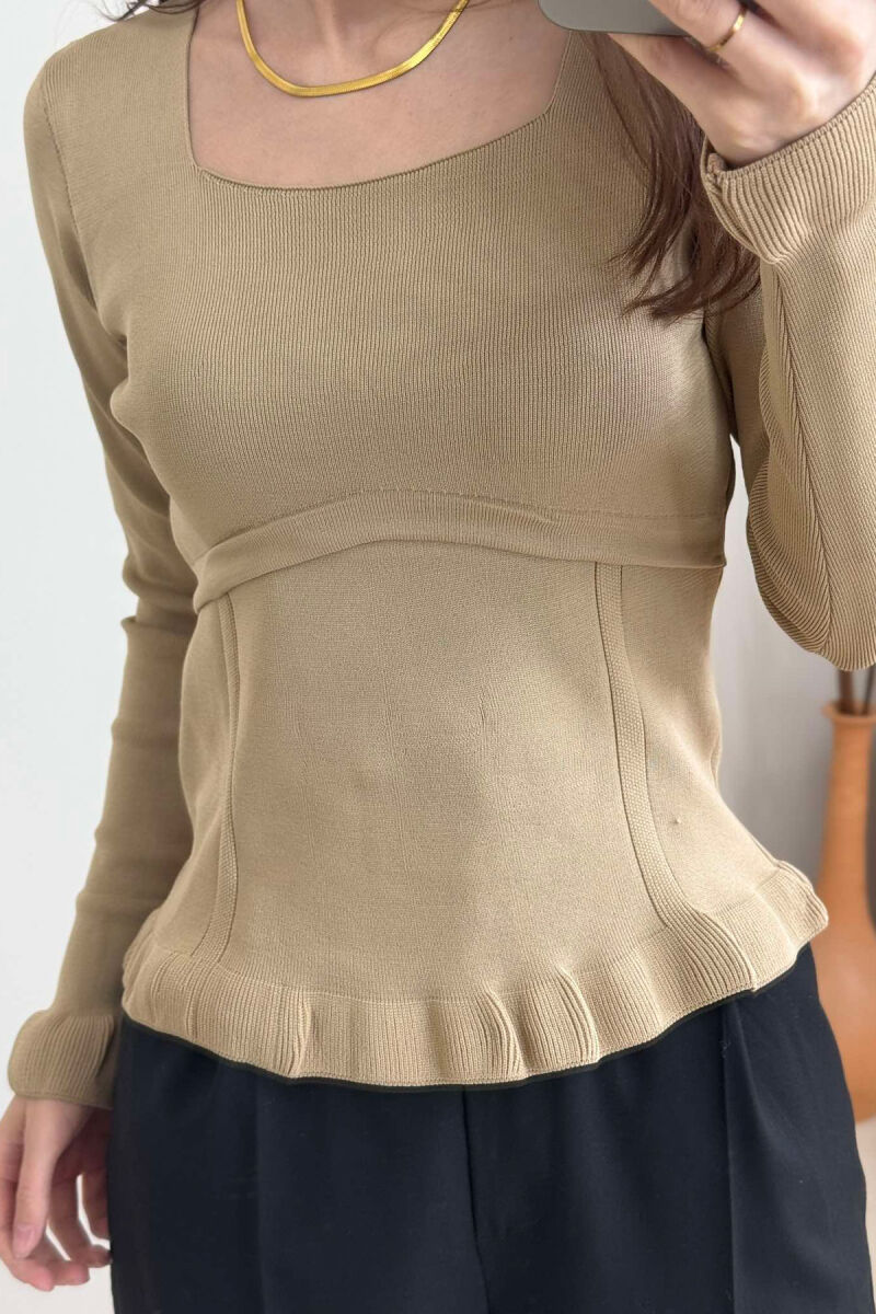 ONE COLOR SQUARE NECK WOMEN SWEATER DARK BEIGE/BEZHE ERRET - 4