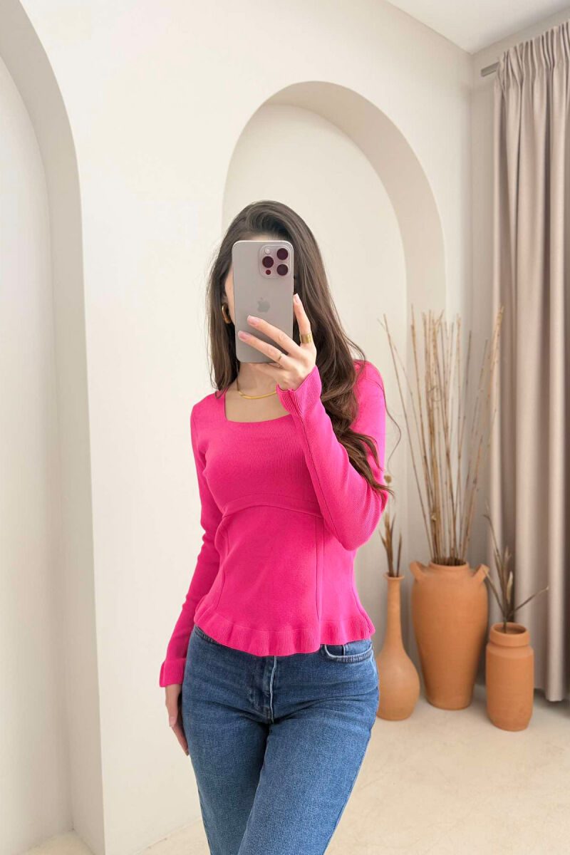 ONE COLOR SQUARE NECK WOMEN SWEATER FUCHSIA/CIKLAMI - 1