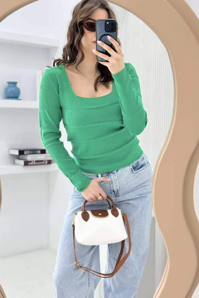 ONE COLOR SQUARE NECK WOMEN SWEATER GREEN/JESHILE - 5