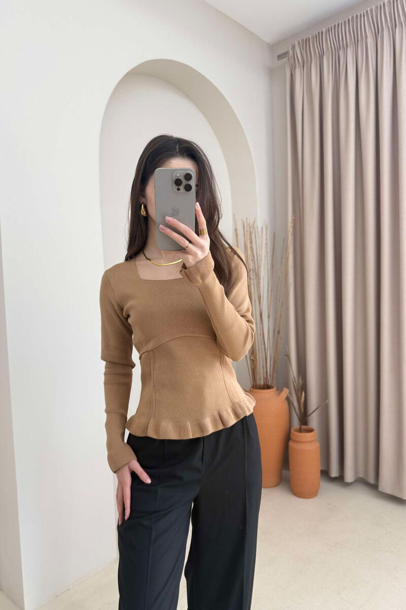 ONE COLOR SQUARE NECK WOMEN SWEATER LIGHT BROWN/KAZB - 2