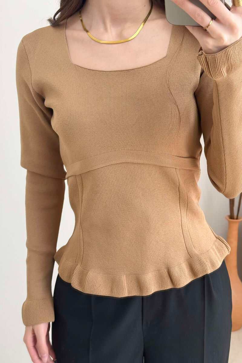 ONE COLOR SQUARE NECK WOMEN SWEATER LIGHT BROWN/KAZB - 3
