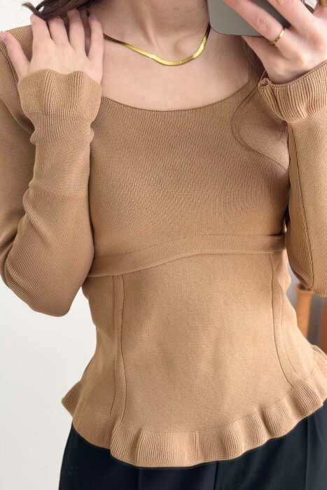 ONE COLOR SQUARE NECK WOMEN SWEATER LIGHT BROWN/KAZB - 4