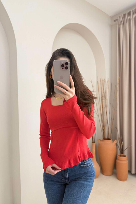ONE COLOR SQUARE NECK WOMEN SWEATER RED/E KUQE 