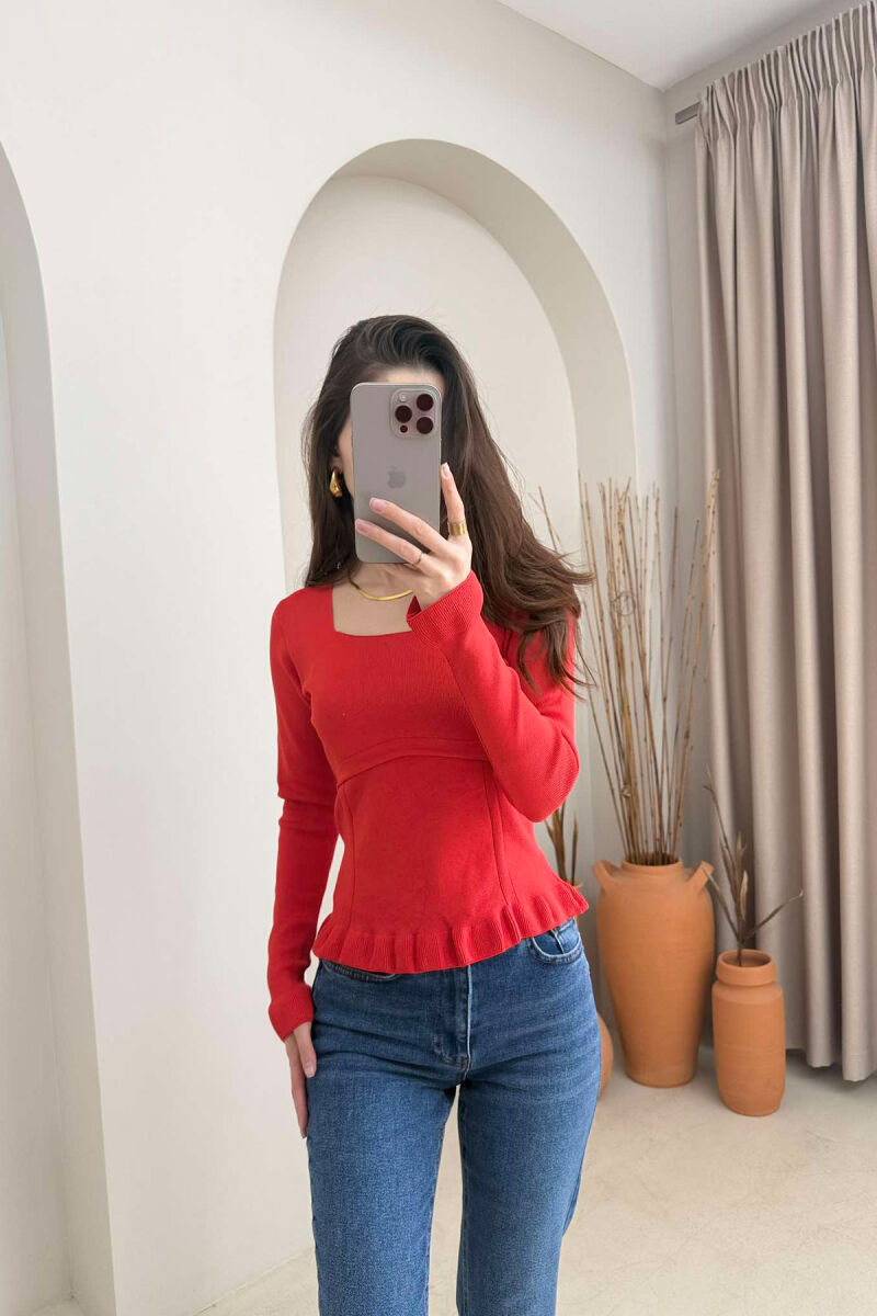 ONE COLOR SQUARE NECK WOMEN SWEATER RED/E KUQE - 2