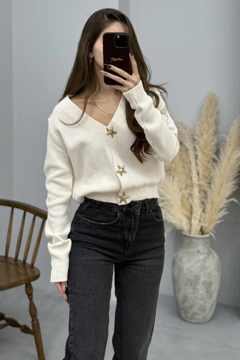 ONE COLOR STARFISH BUTTONS WOMEN CARDIGAN CREAM/KREM - KLAUDIO FASHION