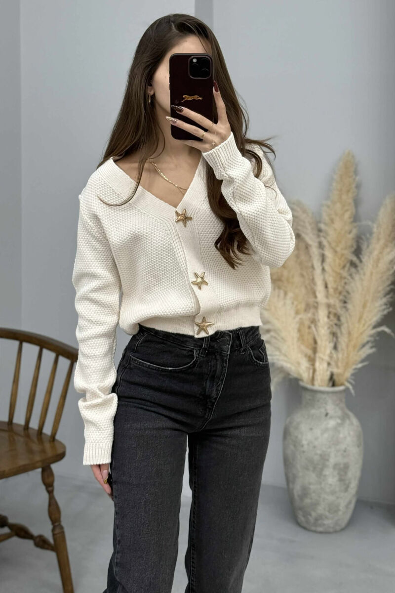 ONE COLOR STARFISH BUTTONS WOMEN CARDIGAN CREAM/KREM - 1