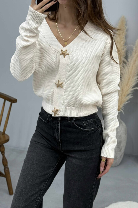 ONE COLOR STARFISH BUTTONS WOMEN CARDIGAN CREAM/KREM - 2