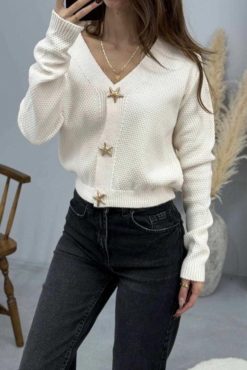 ONE COLOR STARFISH BUTTONS WOMEN CARDIGAN CREAM/KREM - 2