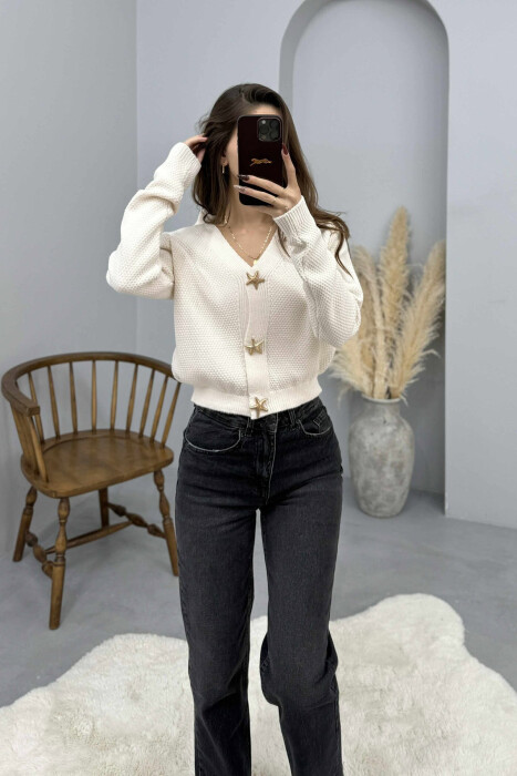 ONE COLOR STARFISH BUTTONS WOMEN CARDIGAN CREAM/KREM - 3
