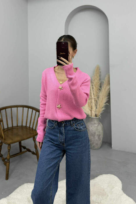 ONE COLOR STARFISH BUTTONS WOMEN CARDIGAN PINK/ROZE - 1