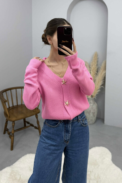 ONE COLOR STARFISH BUTTONS WOMEN CARDIGAN PINK/ROZE - 3