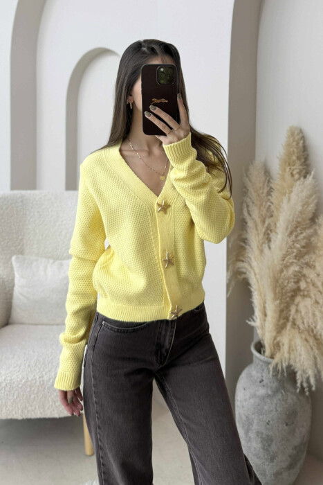 ONE COLOR STARFISH BUTTONS WOMEN CARDIGAN YELLOW/E VERDHE - 1