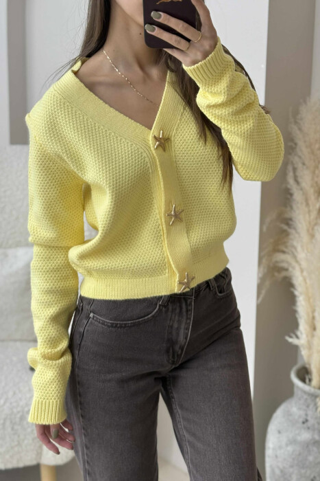 ONE COLOR STARFISH BUTTONS WOMEN CARDIGAN YELLOW/E VERDHE - 4