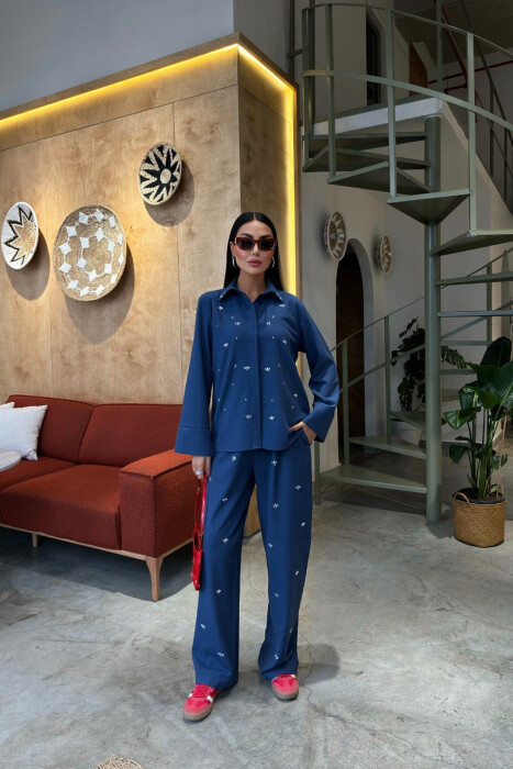 ONE COLOR STONE DETAILS SHIRT+TROUSERS WOMEN SET BLUE/BLU 
