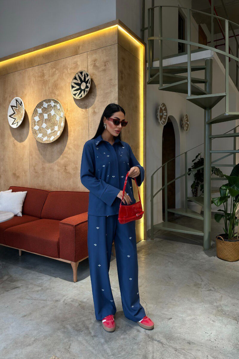 ONE COLOR STONE DETAILS SHIRT+TROUSERS WOMEN SET BLUE/BLU - 3