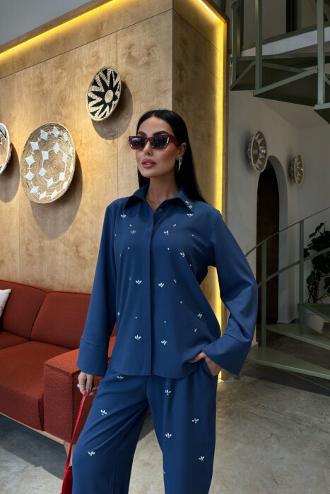 ONE COLOR STONE DETAILS SHIRT+TROUSERS WOMEN SET BLUE/BLU - 7