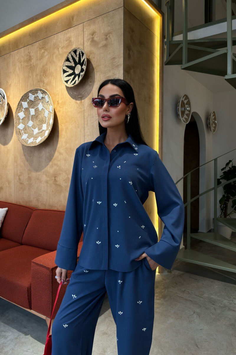 ONE COLOR STONE DETAILS SHIRT+TROUSERS WOMEN SET BLUE/BLU - 7