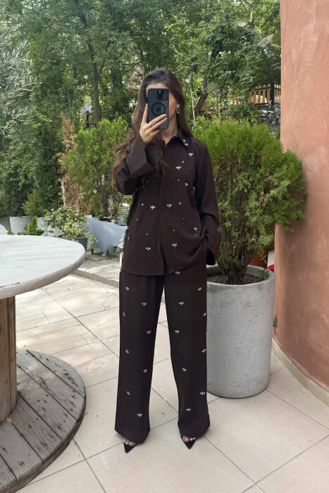 ONE COLOR STONE DETAILS SHIRT+TROUSERS WOMEN SET BROWN/KAFE - 1