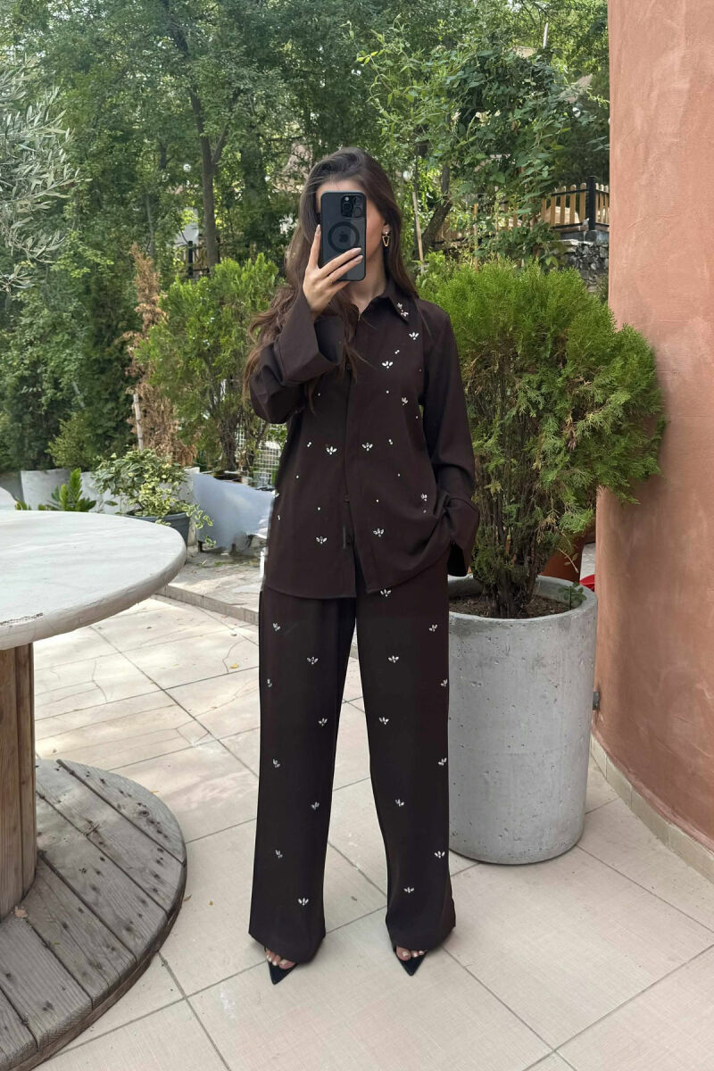 ONE COLOR STONE DETAILS SHIRT+TROUSERS WOMEN SET BROWN/KAFE - 1