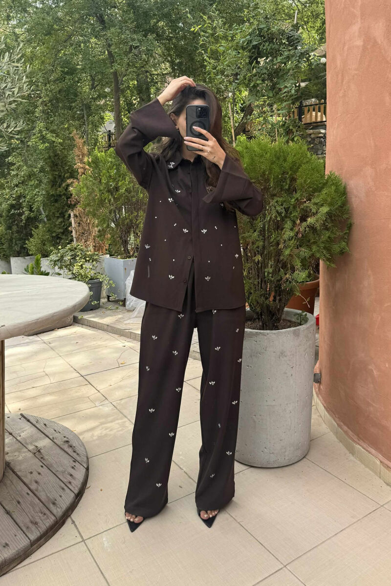 ONE COLOR STONE DETAILS SHIRT+TROUSERS WOMEN SET BROWN/KAFE - 2