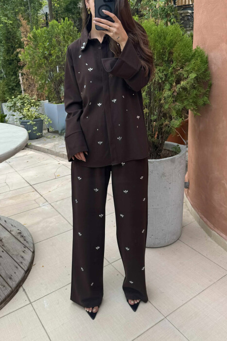 ONE COLOR STONE DETAILS SHIRT+TROUSERS WOMEN SET BROWN/KAFE - 3