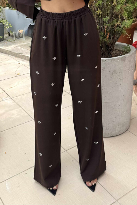 ONE COLOR STONE DETAILS SHIRT+TROUSERS WOMEN SET BROWN/KAFE - 4