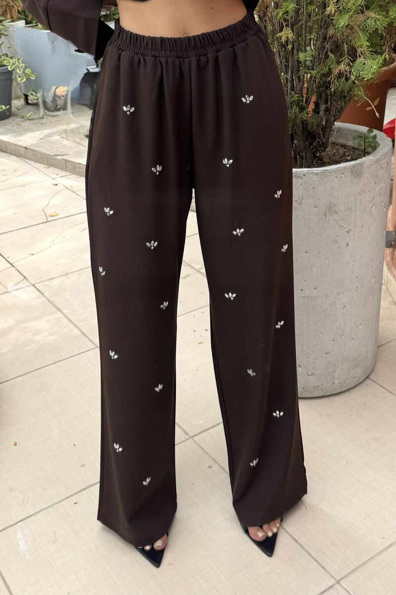 ONE COLOR STONE DETAILS SHIRT+TROUSERS WOMEN SET BROWN/KAFE - 4