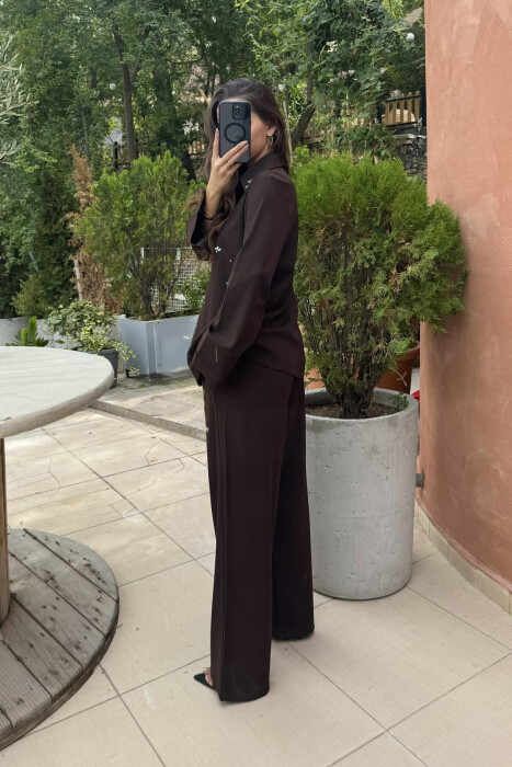 ONE COLOR STONE DETAILS SHIRT+TROUSERS WOMEN SET BROWN/KAFE - 5