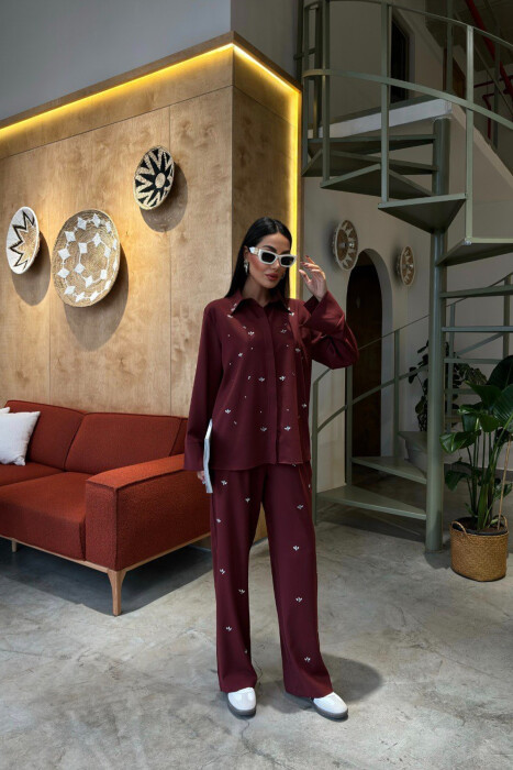 ONE COLOR STONE DETAILS SHIRT+TROUSERS WOMEN SET BURGUNDY/VISHNJE 