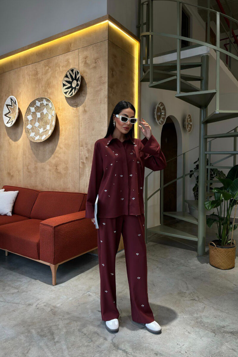 ONE COLOR STONE DETAILS SHIRT+TROUSERS WOMEN SET BURGUNDY/VISHNJE - 1