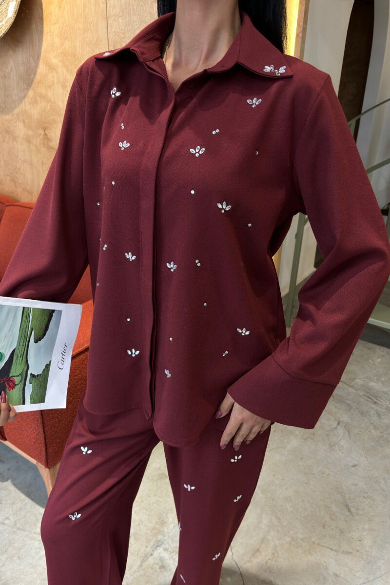 ONE COLOR STONE DETAILS SHIRT+TROUSERS WOMEN SET BURGUNDY/VISHNJE - 2