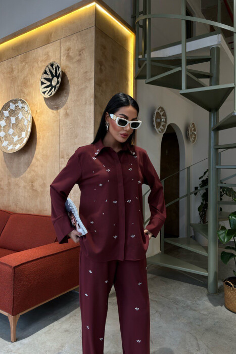 ONE COLOR STONE DETAILS SHIRT+TROUSERS WOMEN SET BURGUNDY/VISHNJE - 3
