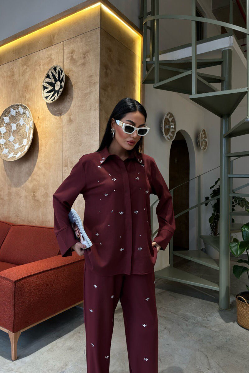 ONE COLOR STONE DETAILS SHIRT+TROUSERS WOMEN SET BURGUNDY/VISHNJE - 3