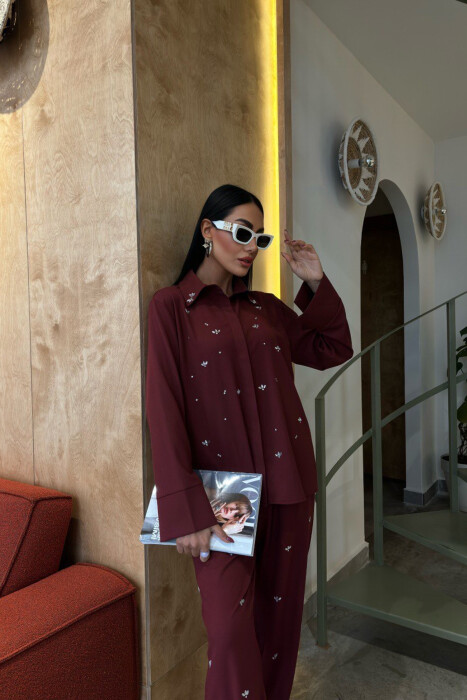 ONE COLOR STONE DETAILS SHIRT+TROUSERS WOMEN SET BURGUNDY/VISHNJE - 4