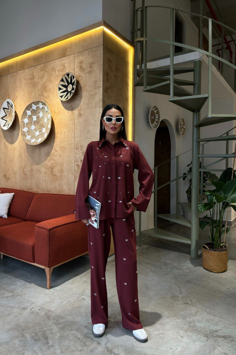 ONE COLOR STONE DETAILS SHIRT+TROUSERS WOMEN SET BURGUNDY/VISHNJE - 5